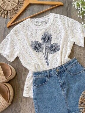 White Lace Short Sleeve Tee with Navy Floral Embroidery